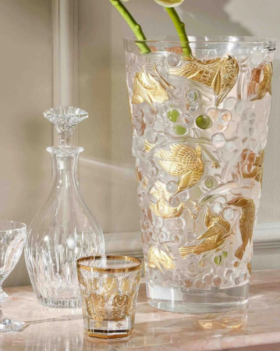 Merles Et Raisins Vase Clear Crystal Goled Stamped Lalique