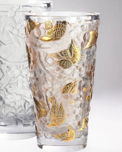 Merles Et Raisins Vase Clear Crystal Goled Stamped Lalique